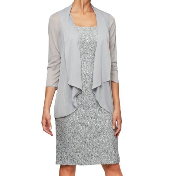 Alex Evenings Silver Sequined Lace Sheath Dress w Sheer Chiffon Overlay Jacket Alex Evenings Silver Sequined Lace Sheath Dress w Sheer Chiffon Overlay Jacket